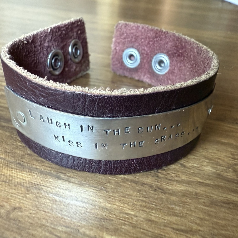 Handmade Leather Cuff Bracelet Hand-Stamp Metal "Laugh in the Sun Kiss in Grass"